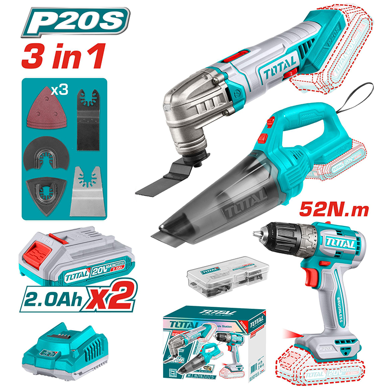 Combo máy khoan TDLI204531 + Máy cắt rung TMLI2022 + Máy hút bụi TVLI201261 Total TOSLI240685