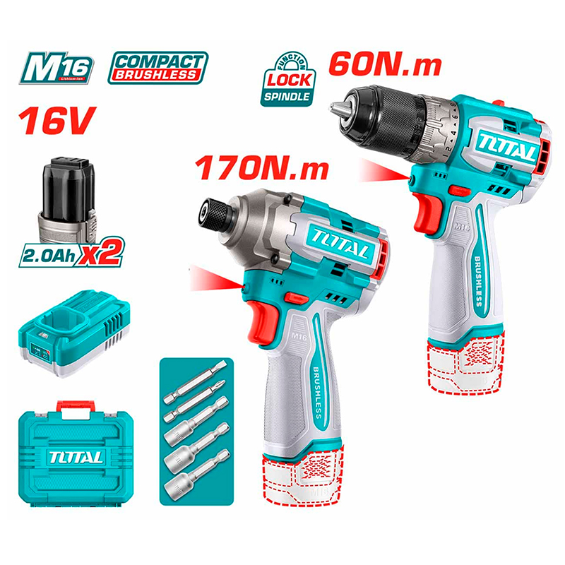 Combo máy khoan và máy vặn vít dùng pin 16V Total TOSLI240968