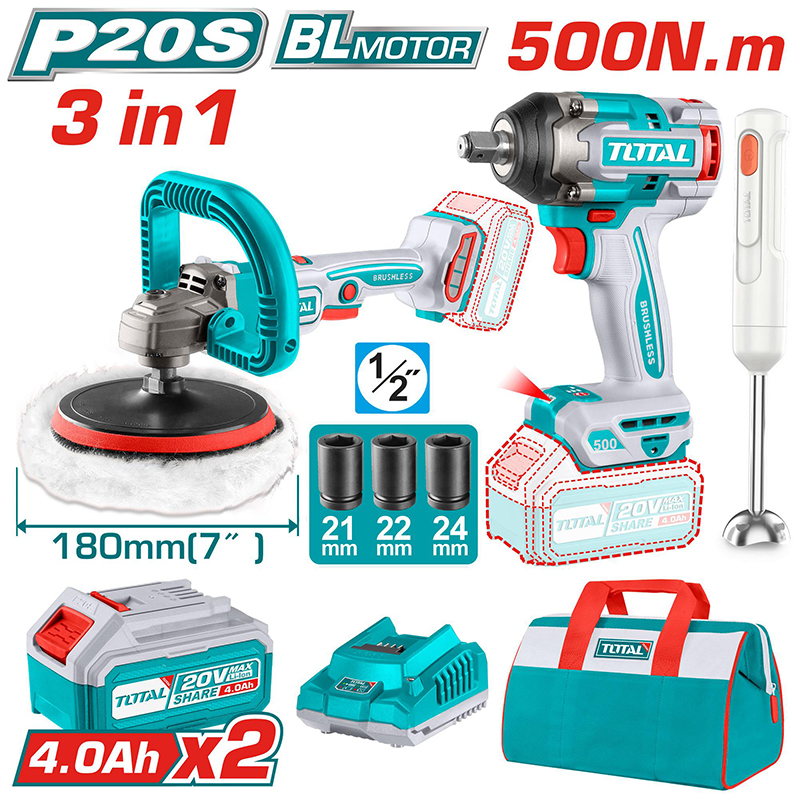 Combo Máy siết bu lông TIWLI2050 + Máy đánh bóng TAPLI2018 + Máy xay TJB037T Total TOSLI240686