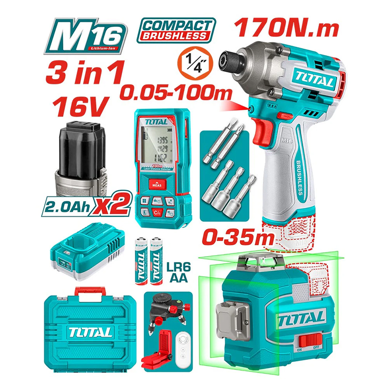 Bộ combo máy vặn vít TIRLI16171, máy cân mực TLL301200, máy đo khoảng cách TMT51036 Total TOSLI250886