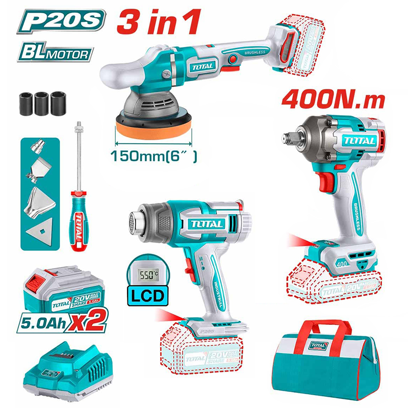 Combo Máy siết bu lông TIWLI20401 + Máy thổi nhiệt TBLI2003 + Máy đánh bóng TAPLI2015 Total TOSLI240863